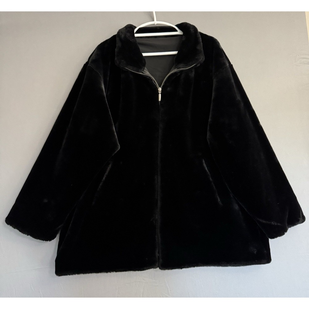 Vintage Worthington Reversible Black Faux Fur Jacket Womens XL Coat Polyvinyl
